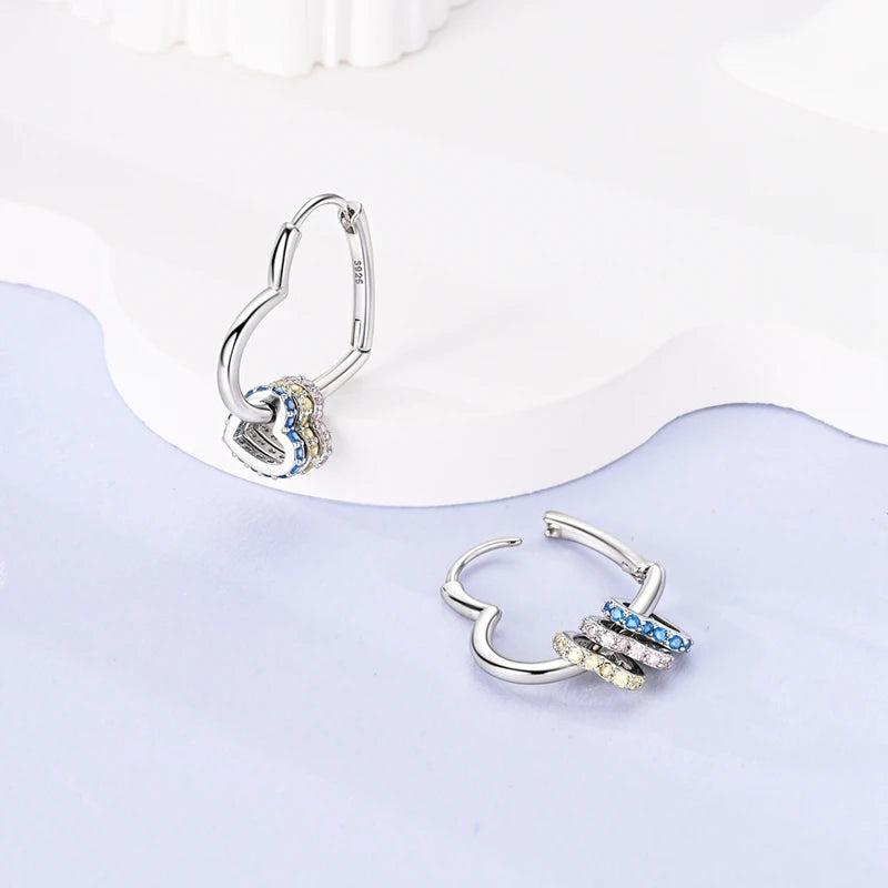 Silver 925 Heart Charm Drop Earrings Blue, Yellow & Pink with CZ