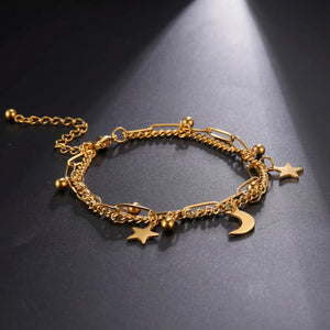 Star Moon Pendant Double Chain Bracelets Stainless Steel Jewelry