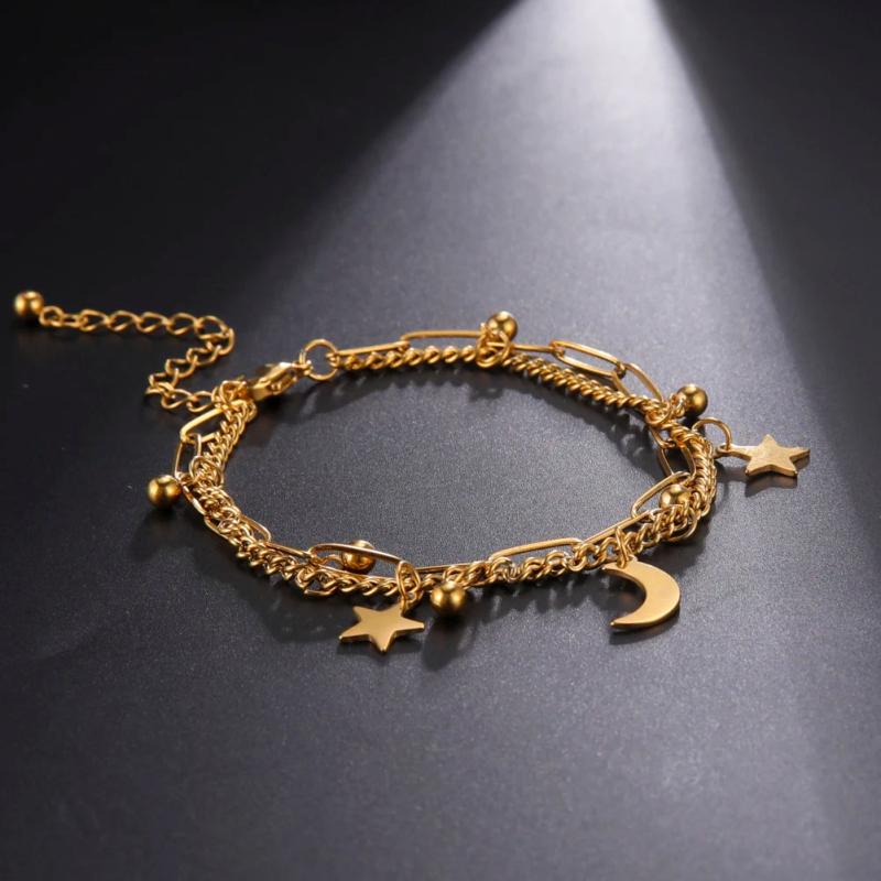 Star Moon Pendant Double Chain Bracelets Stainless Steel Jewelry