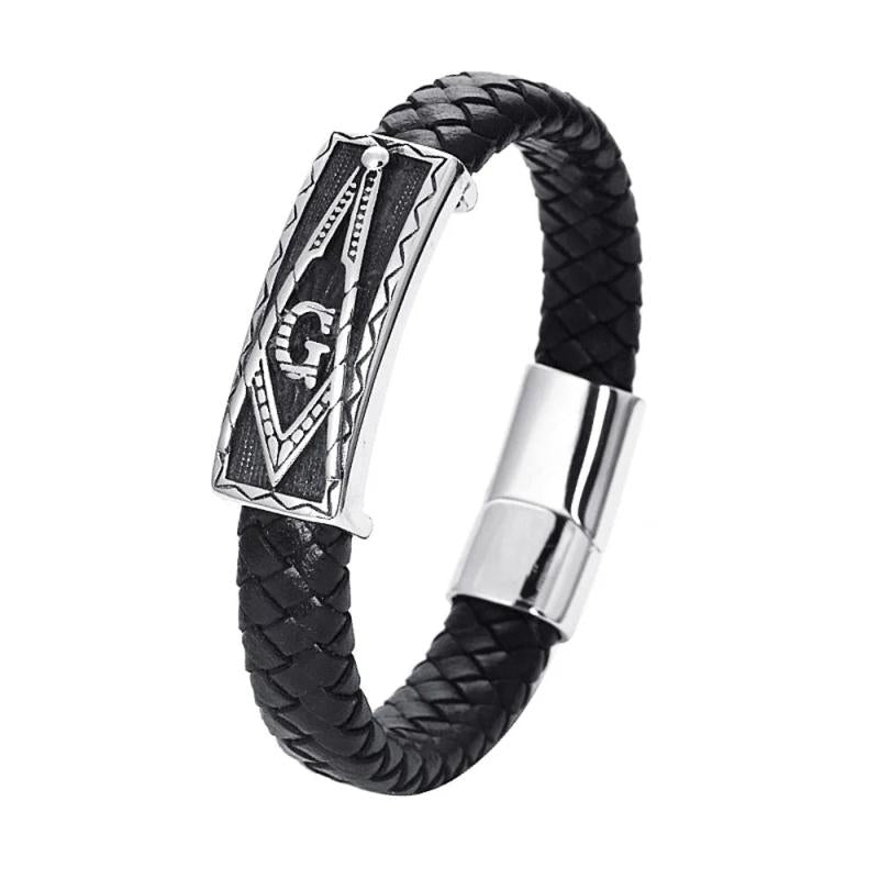 Magnetic Buckle Stainless Steel Masonic Bangle 12mm Leather Bracelet