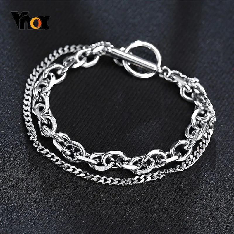 Rock Punk Double Chains Bracelets Men Stainless Steel Wristband