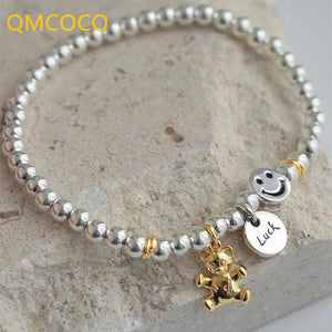 Silver Pendant Smile Face Bear Bead Bracelet Women Hand Ornaments