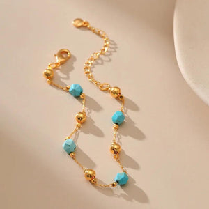 Turquoise Beads 18k Plated Metal Chain Bracelet Jewelry