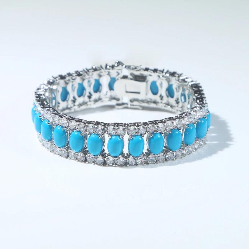 Turquoise Double Row CZ Stone Tennis Bracelet with Platinum Plated Chain