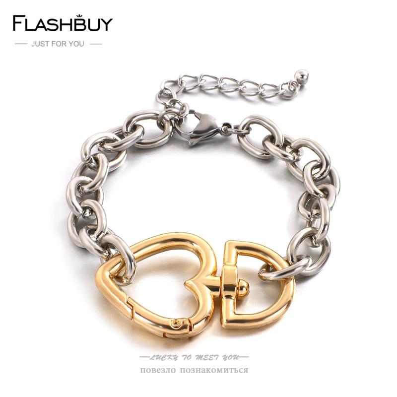 Vintage Silver Chain Golden Love Heart Bracelet for Women