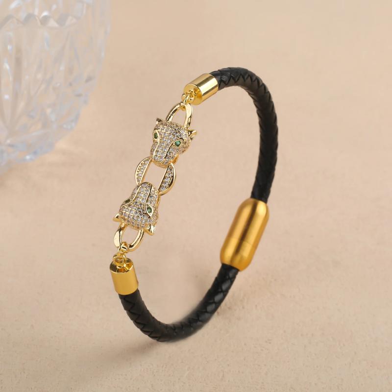Leopard Head CZ Leather Bracelet Stainless Steel Bangle