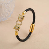 Leopard Head CZ Leather Bracelet Stainless Steel Bangle