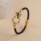 Leopard Head CZ Leather Bracelet Stainless Steel Bangle