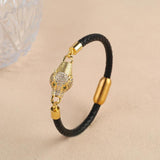 Leopard Head CZ Leather Bracelet Stainless Steel Bangle