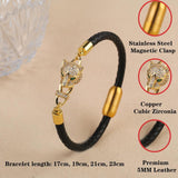 Leopard Head CZ Leather Bracelet Stainless Steel Bangle