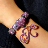 Crystal Cursive Letter 26 Initials Cuban Bracelet Square Tennis Chain