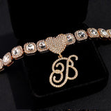 Crystal Cursive Letter 26 Initials Cuban Bracelet Square Tennis Chain