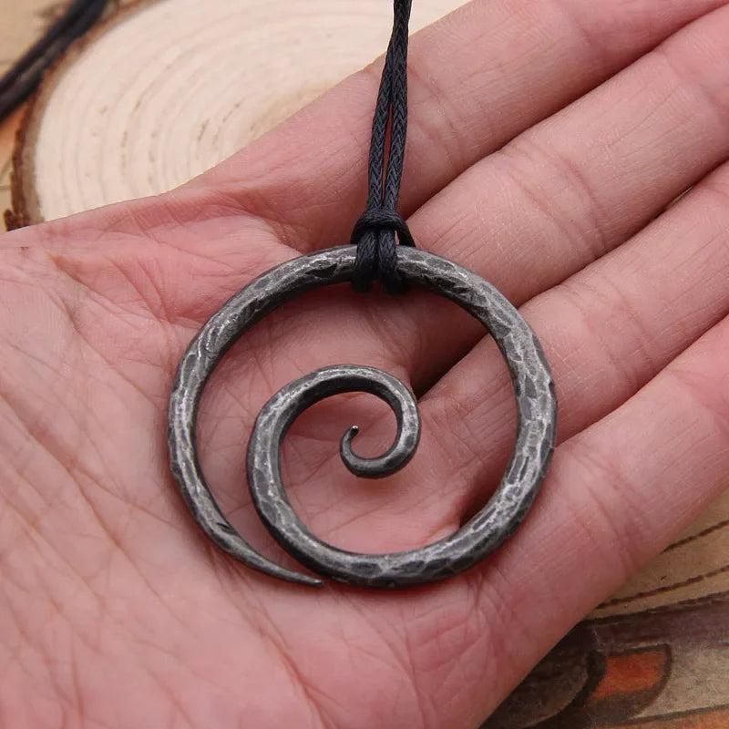 Viking Spiral Pendant Iron Necklace Leather Cord