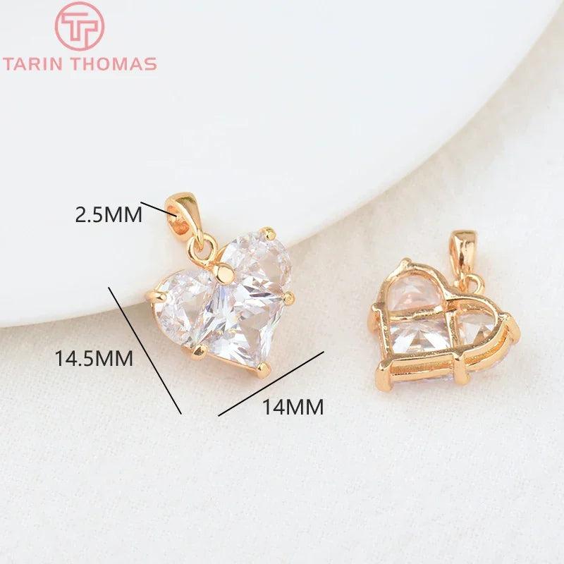 4PCS 14x14.5MM 24K Brass Zircon Heart Charms Pendants
