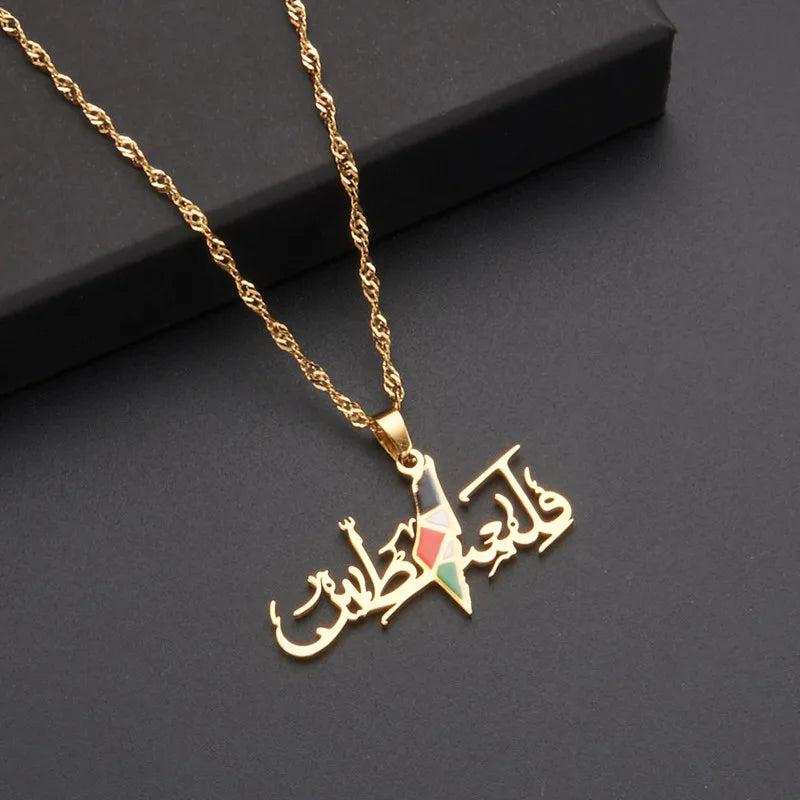 Stainless Steel Pendant Chain Necklaces Vintage Arabic Text Pendant Flag Map