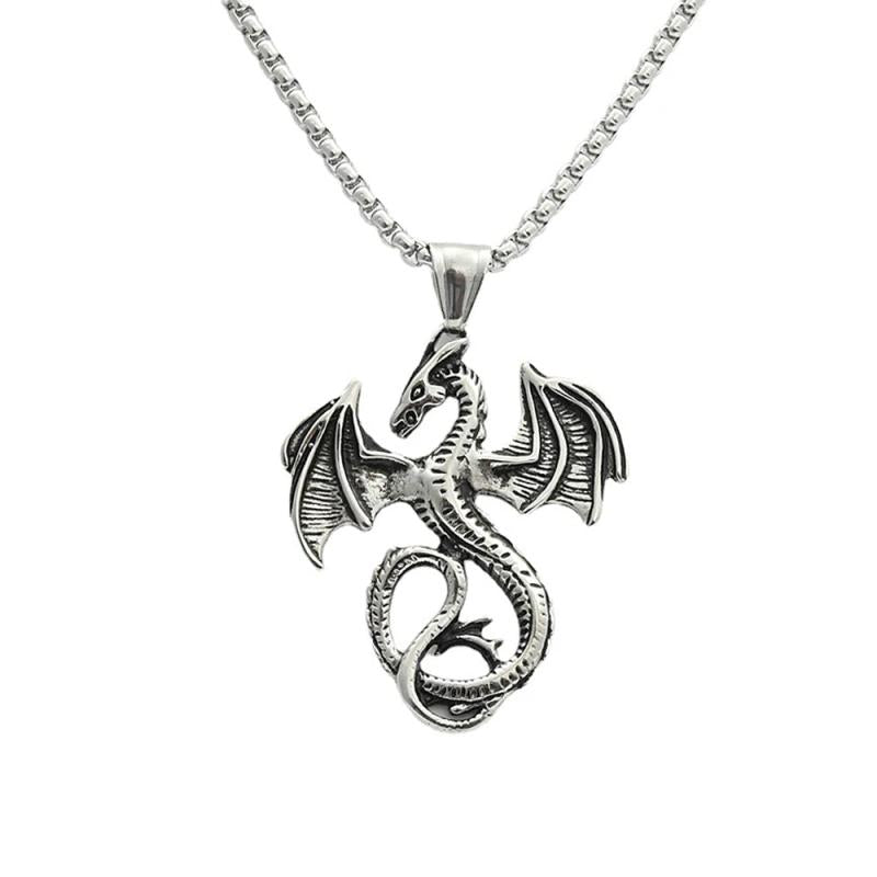 Vintage Flying Dragon Pendant Necklace Biker Stainless Steel Choker