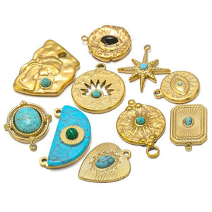 5pcs Stainless Steel Round Charms Heart Turquoises Beads Pendants