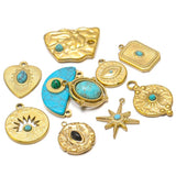 5pcs Stainless Steel Round Charms Heart Turquoises Beads Pendants