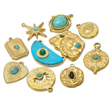 5pcs Stainless Steel Round Charms Heart Turquoises Beads Pendants