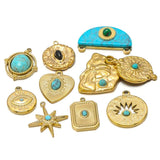 5pcs Stainless Steel Round Charms Heart Turquoises Beads Pendants