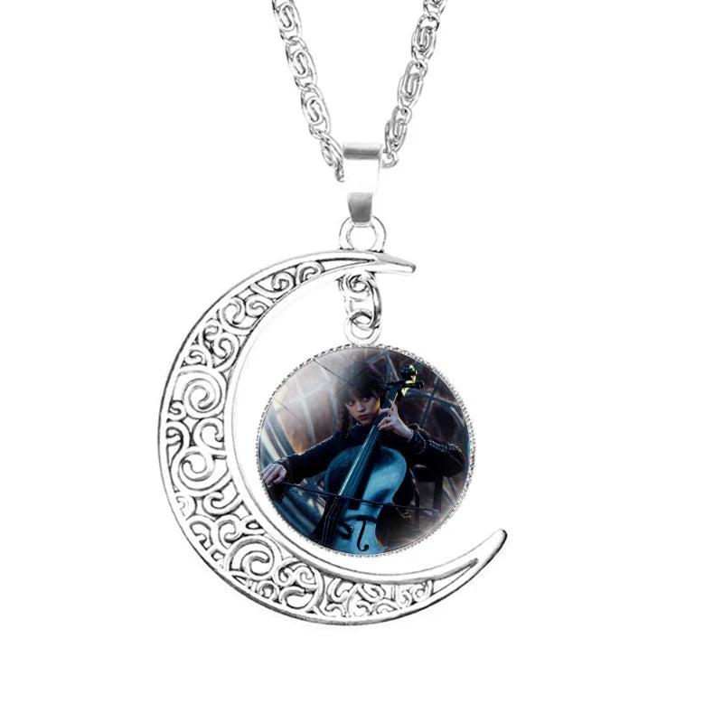 Wednesday Addams Pendant Necklace Moon Round Glass Necklaces Girls Jewelry