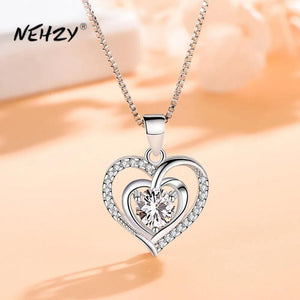 925 Silver Women's Heart Pendant Necklace High CZ Hollow Design