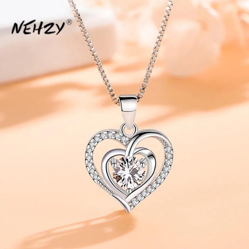 925 Silver Women's Heart Pendant Necklace High CZ Hollow Design