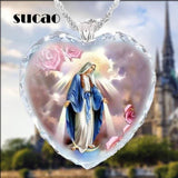 Peach Heart Jesus Quartz Necklace - Virgin Mary Crystal Love-Heart Necklace