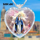 Peach Heart Jesus Quartz Necklace - Virgin Mary Crystal Love-Heart Necklace