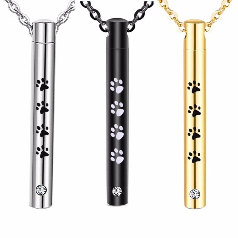 Unisex Pet Jewelry Cylinder Crystal Memorial Urn Paw Pendant Necklace