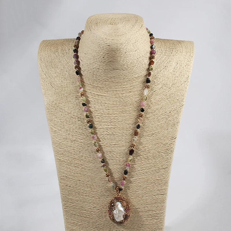 Tourmaline Chip Stone Necklace Baroque Pearl / Amethyst Dorp Necklaces