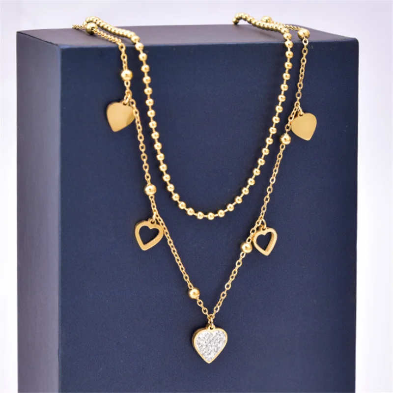 316L Stainless Steel Zircon Love Heart Charm Chain Choker Necklaces For Women
