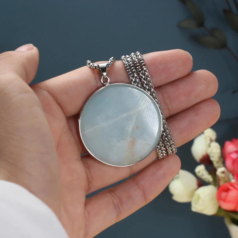 41mm Amazonite Flash Labradorite Stone Pendant Necklace Stainless Steel