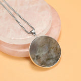 41mm Amazonite Flash Labradorite Stone Pendant Necklace Stainless Steel