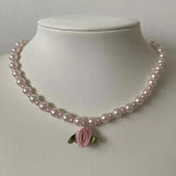 Pearl Satin Rose Necklace Coquettish Party Necklace