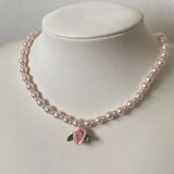 Pearl Satin Rose Necklace Coquettish Party Necklace