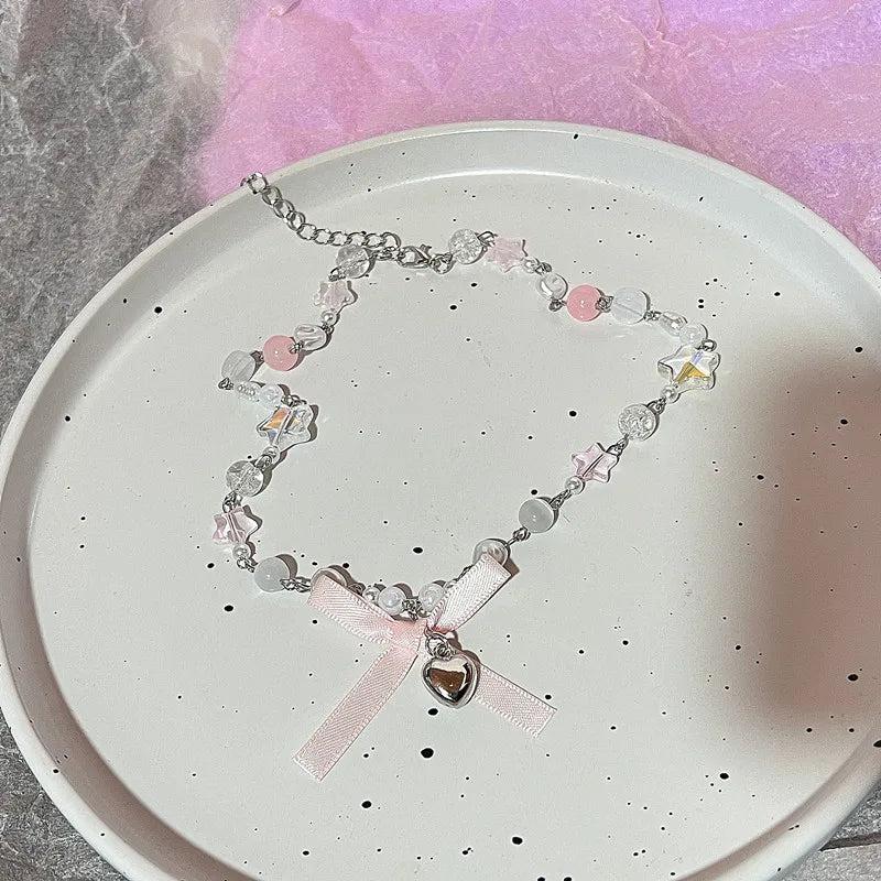 Kpop Goth Y2K Heart Bowknot Choker Necklace for Women