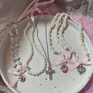 Kpop Goth Y2K Heart Bowknot Choker Necklace for Women