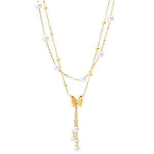 316L Stainless Steel Butterfly Pearl Charm Choker Necklace
