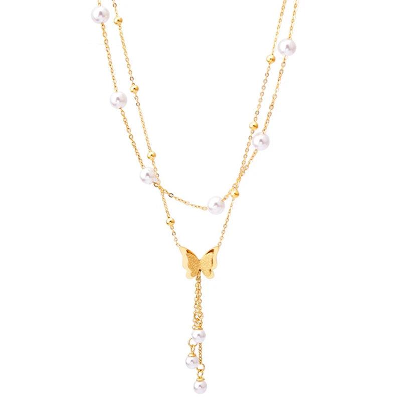 316L Stainless Steel Butterfly Pearl Charm Choker Necklace