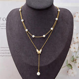 316L Stainless Steel Butterfly Pearl Charm Choker Necklace