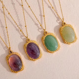 Square Pendant Stainless Steel Necklace Amethyst Green Aventurine