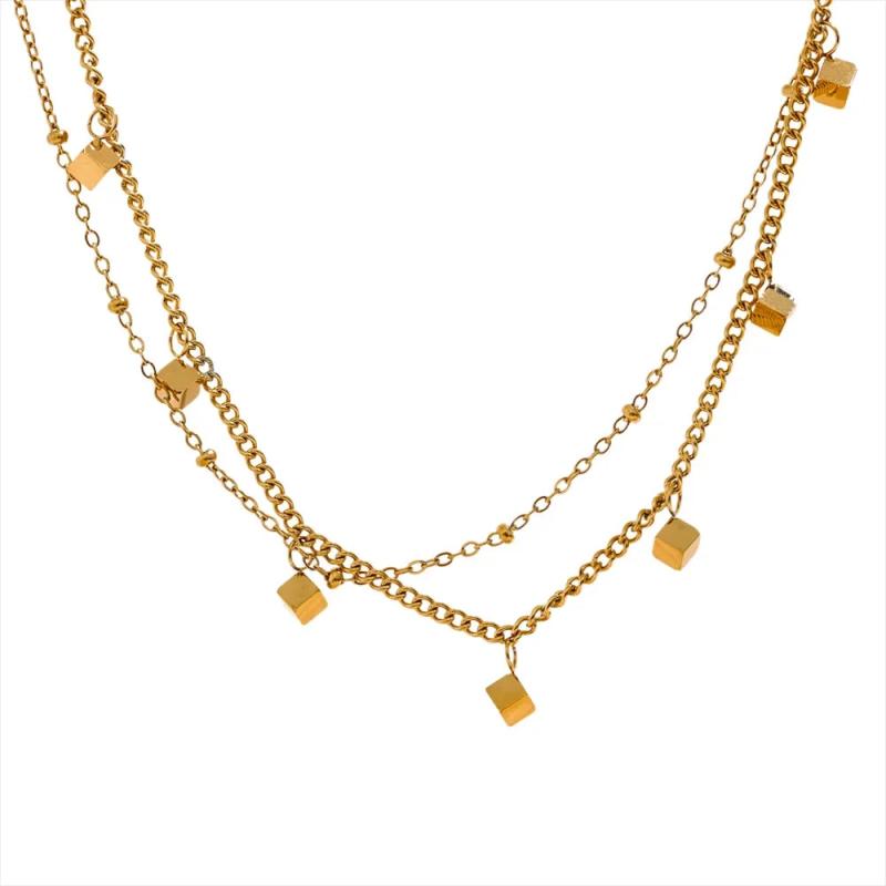 Stainless Steel Square Drop Chain Double Layered Overlay Necklace