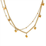 Stainless Steel Square Drop Chain Double Layered Overlay Necklace