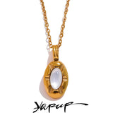 Stylish Oval Pendant Necklace Natural Stone Stainless Steel Women's Jewelry