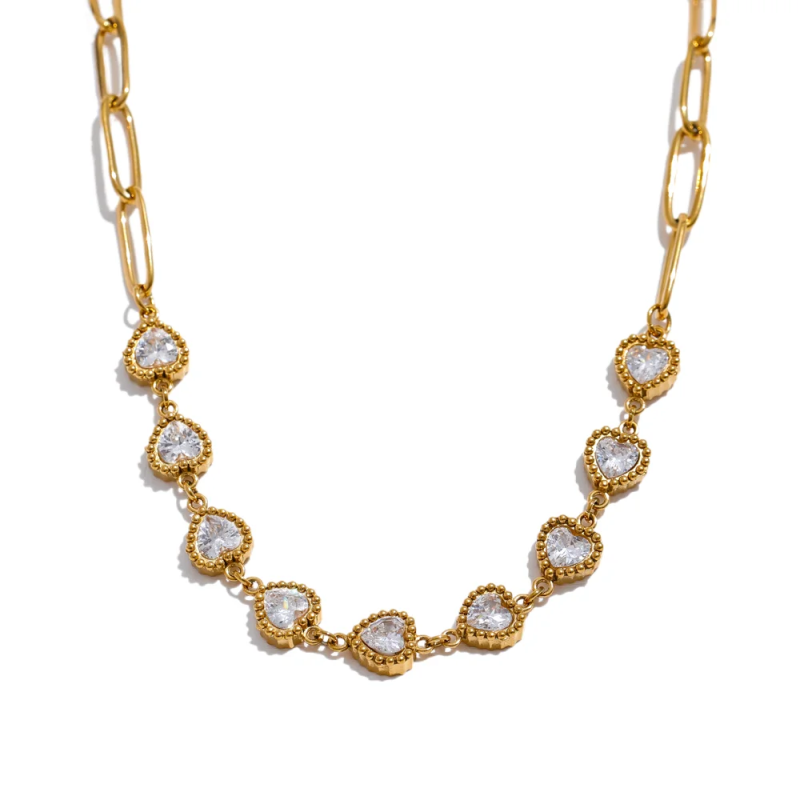 Colorful CZ Heart Chain Collar Necklace Waterproof Femme Jewelry