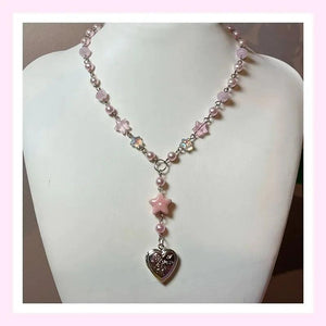 Pastel Pink Star Girl Rosary Locket Beaded Necklace Y2K Jewelry