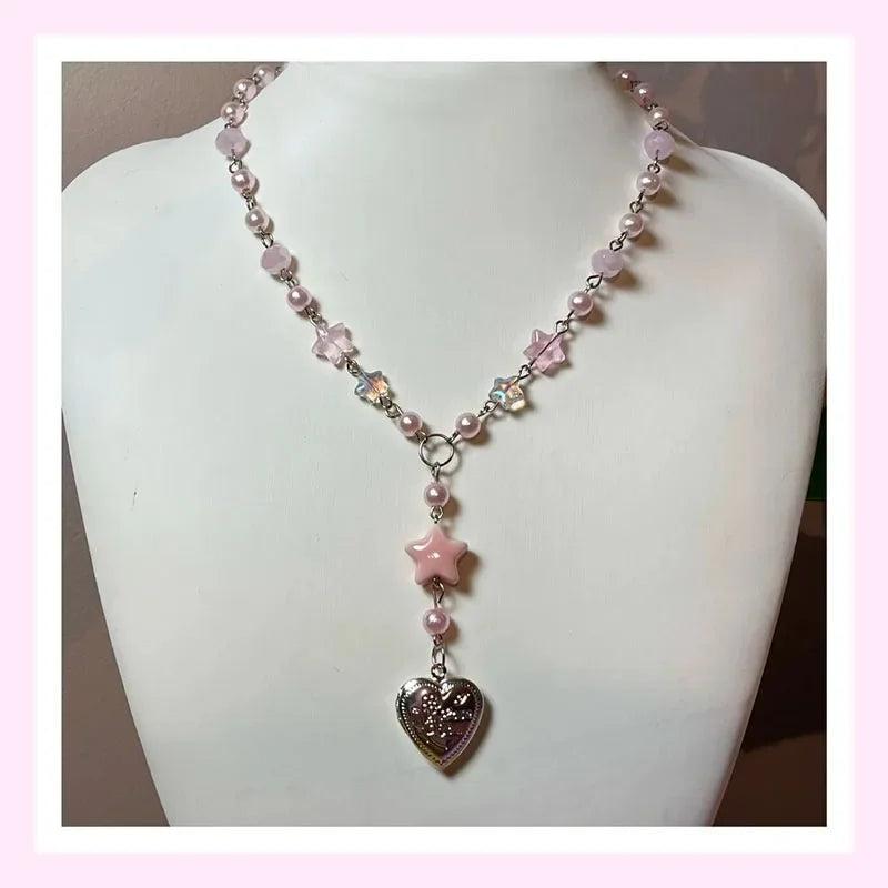 Pastel Pink Star Girl Rosary Locket Beaded Necklace Y2K Jewelry