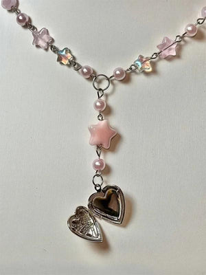 Pastel Pink Star Girl Rosary Locket Beaded Necklace Y2K Jewelry