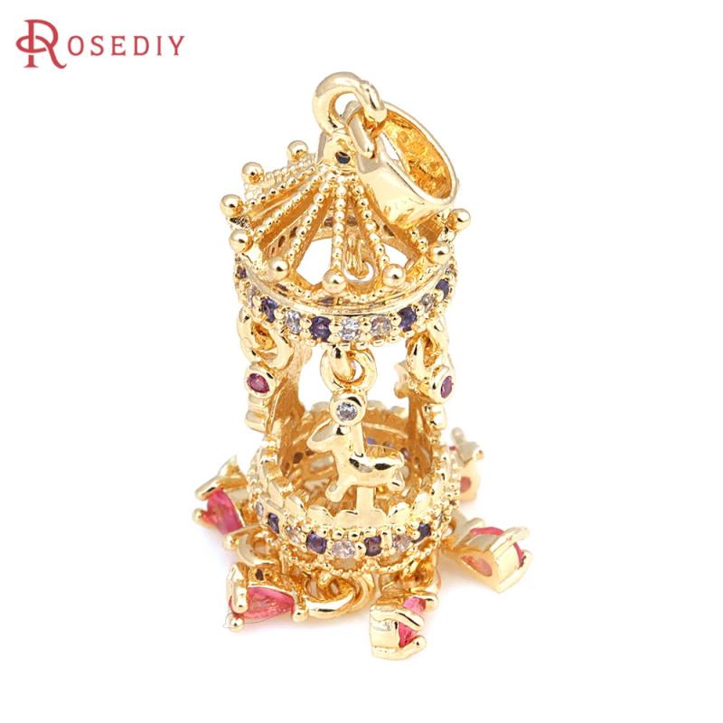 2PCS 18K Brass Zircon Carousel Pendants for DIY Jewelry Making